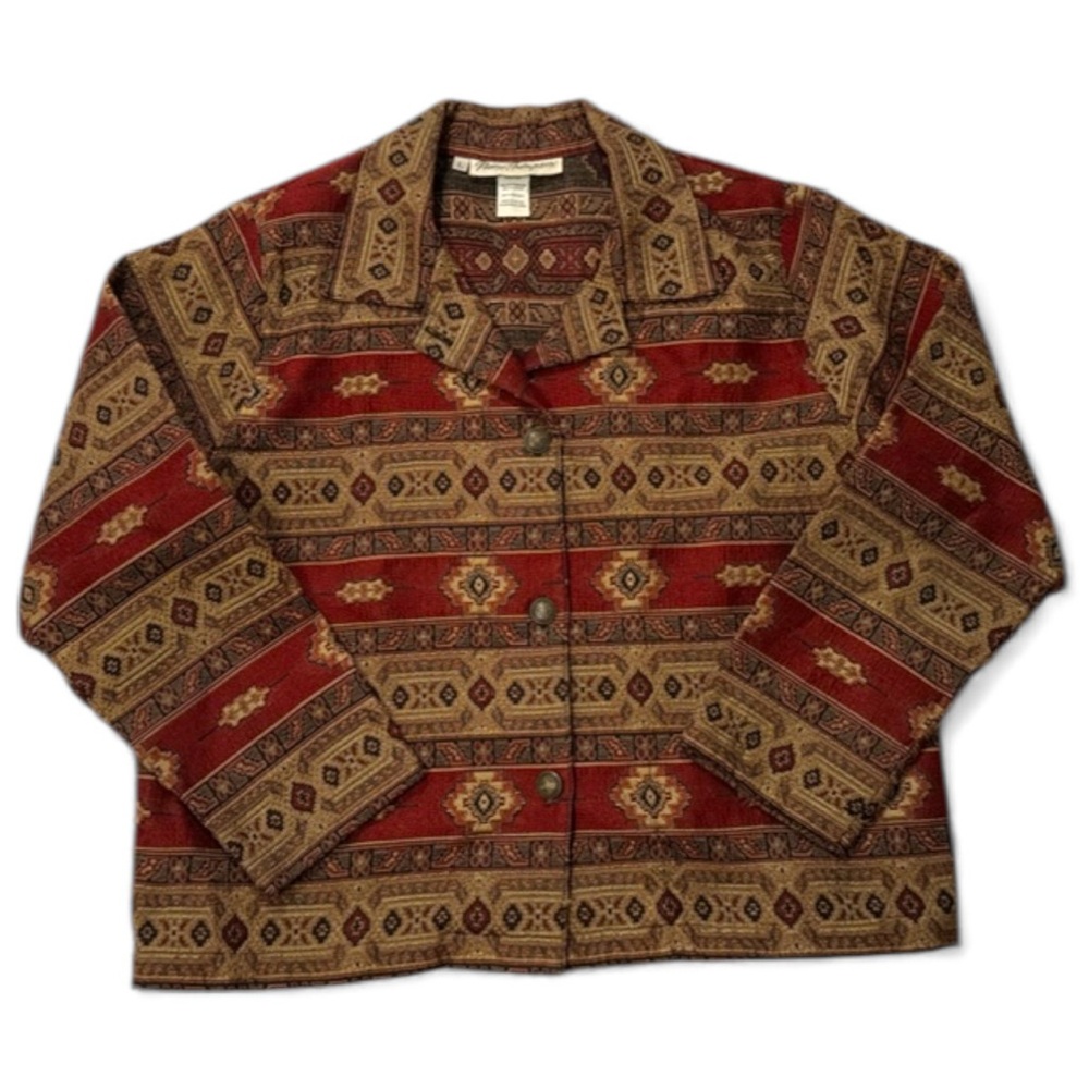 Vintage Norm Thompson tapestry Red and Brown Patterned‎ Blazer - Large